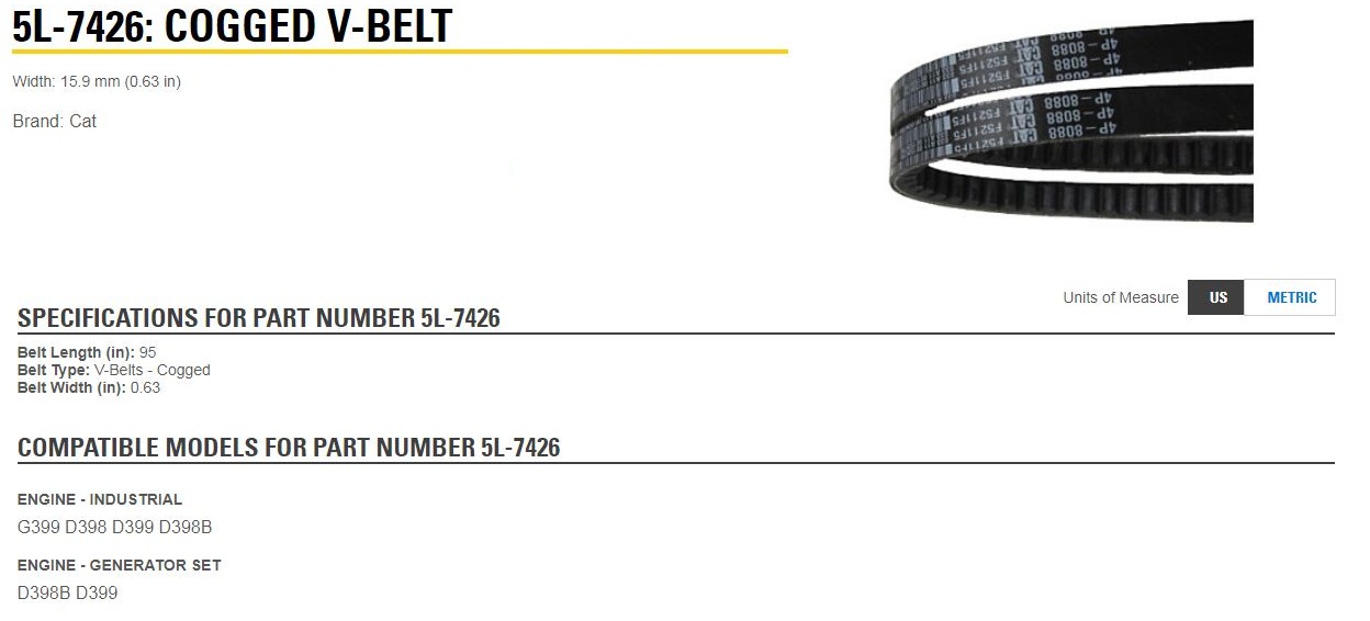 5L7426 - SET: VEE BELT SET, PN CAT 5L7426; MFR; CAT